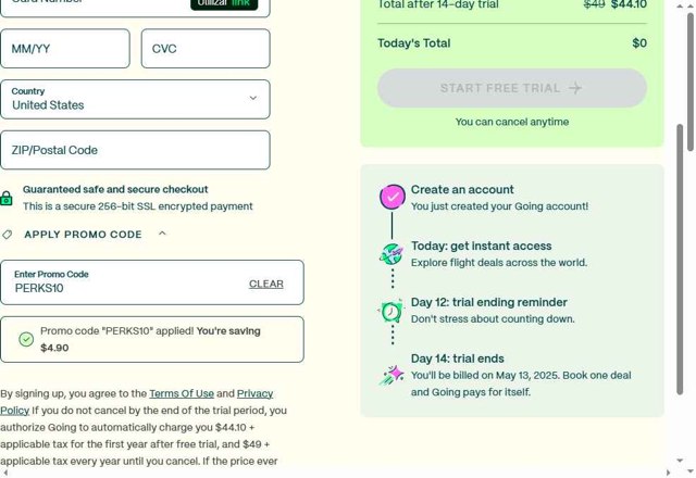 Going checkout page showing Going promo code box | Screenshot taken by SimplyCodes community member on Apr 29, 2025