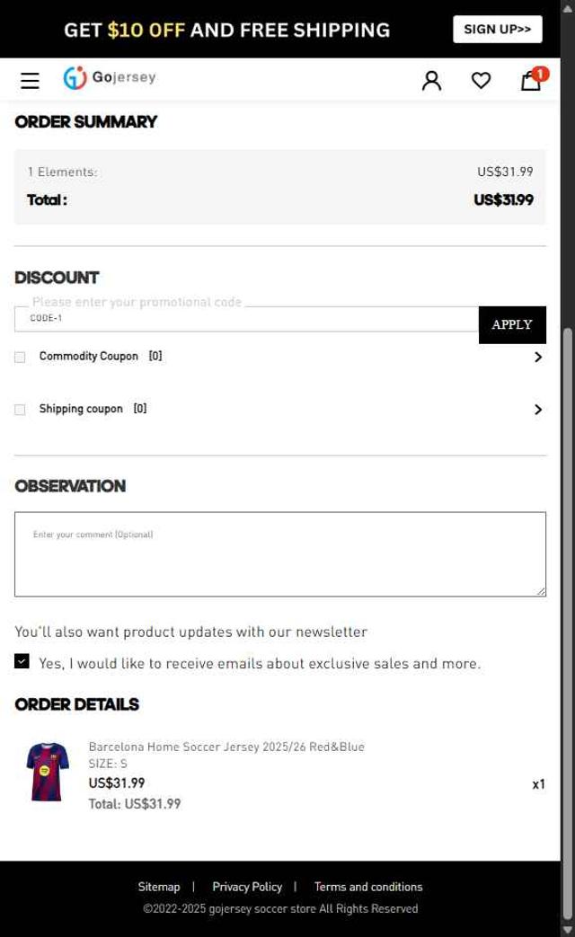 Gojersey checkout page showing Gojersey coupon code box | Screenshot taken by SimplyCodes community member on Jul 11, 2025