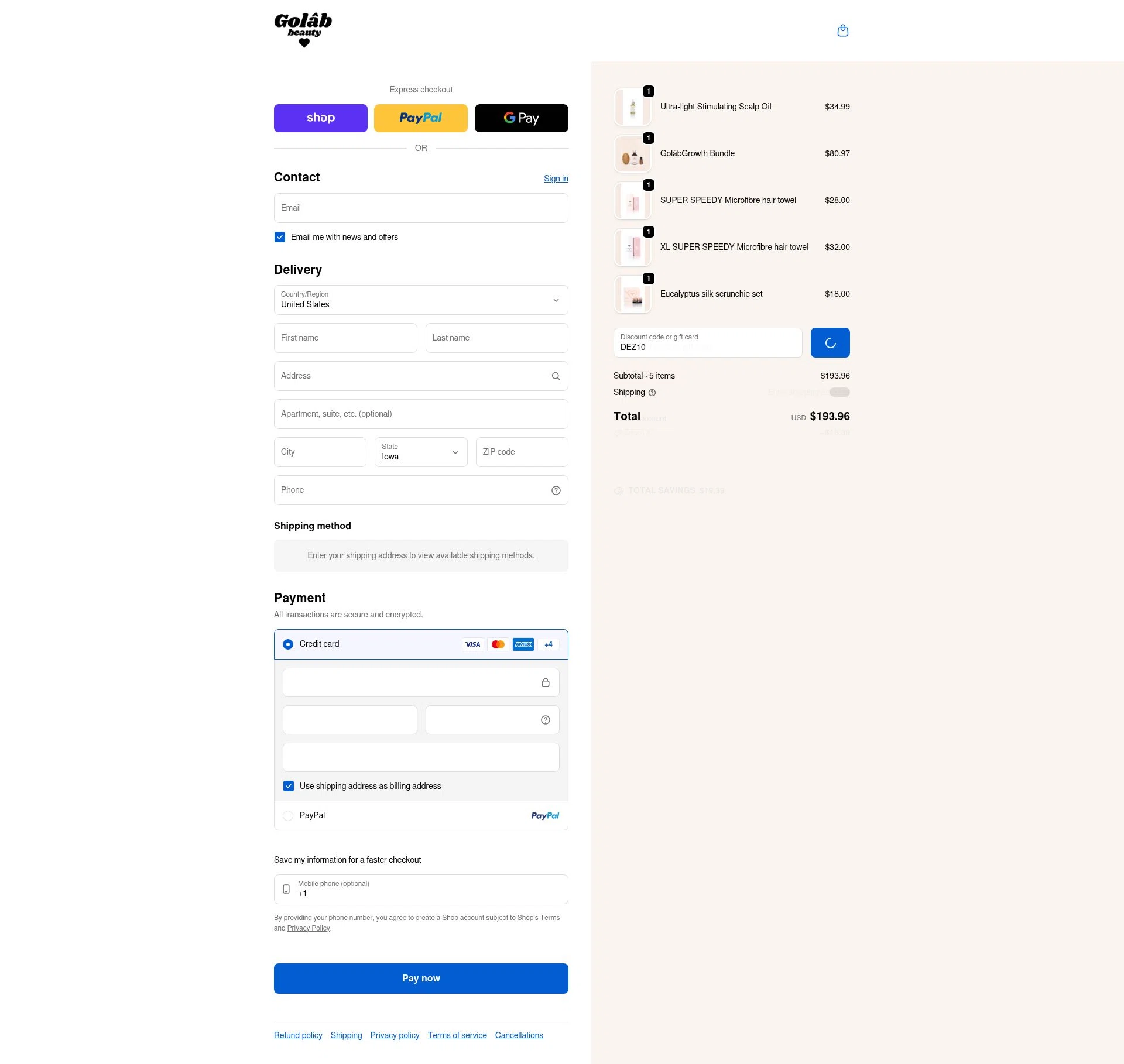 Golab Beauty checkout page showing Golab Beauty discount code box | Screenshot taken by SimplyCodes community member on Feb 24, 2026