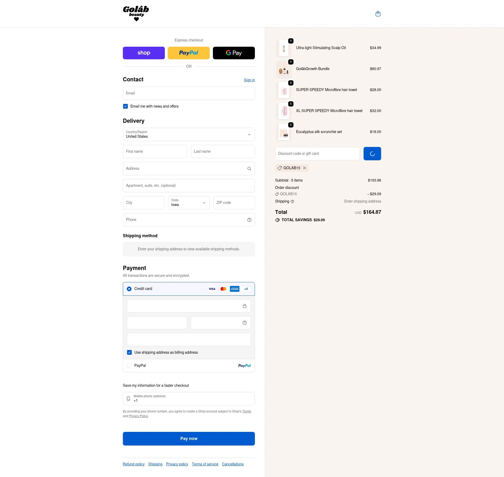 Golab Beauty checkout page showing Golab Beauty discount code box | Screenshot taken by SimplyCodes community member on Feb 20, 2026