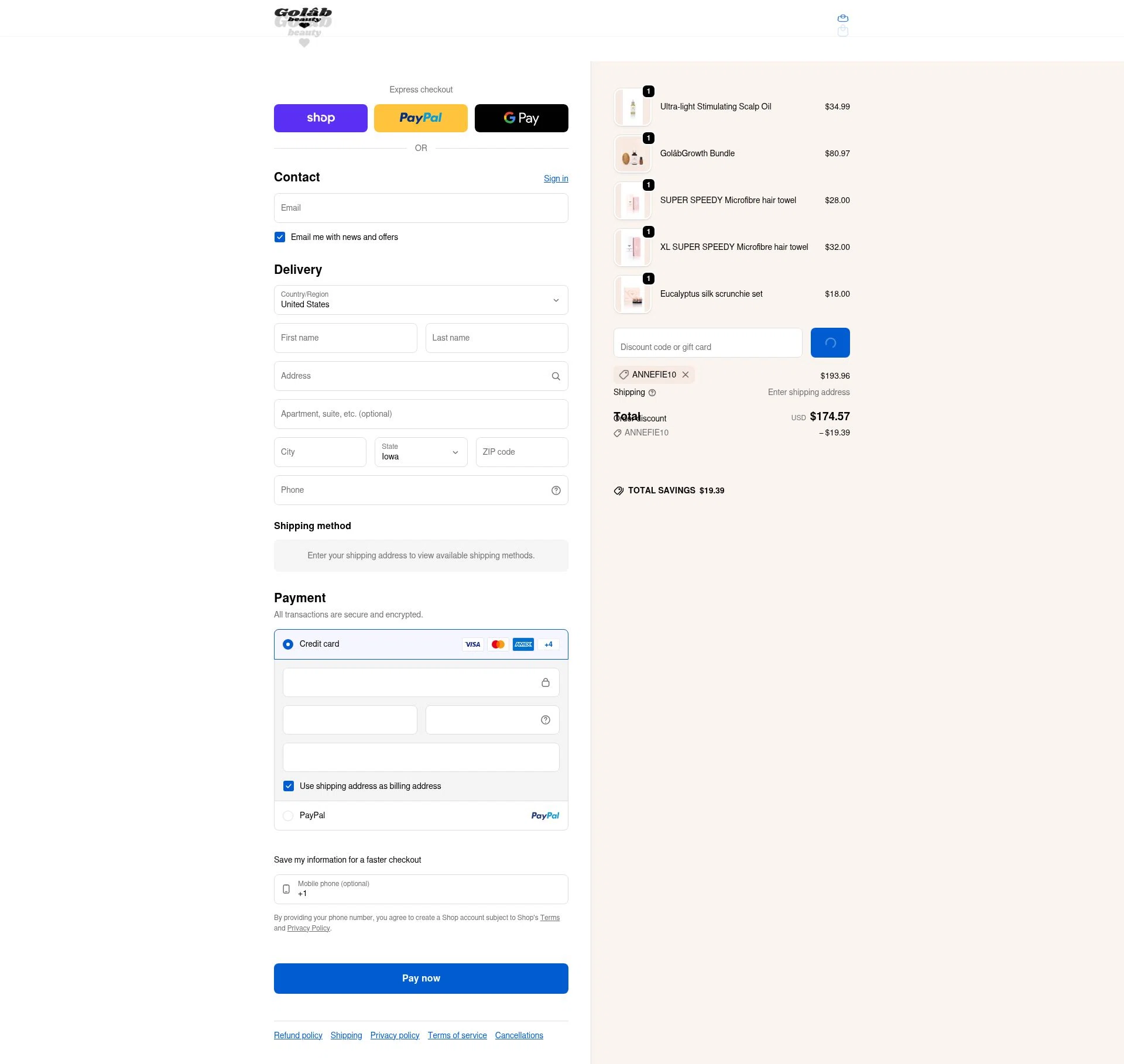 Golab Beauty checkout page showing Golab Beauty discount code box | Screenshot taken by SimplyCodes community member on Feb 24, 2026