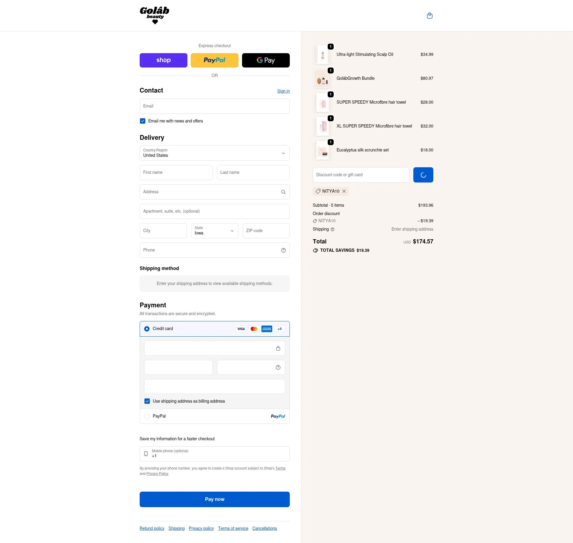 Golab Beauty checkout page showing Golab Beauty discount code box | Screenshot taken by SimplyCodes community member on Feb 24, 2026