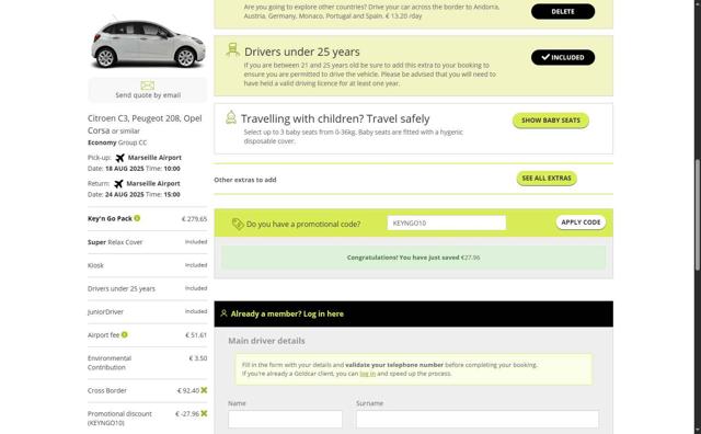 GOLDCAR checkout page showing GOLDCAR promo code box | Screenshot taken by SimplyCodes community member on Aug 11, 2025