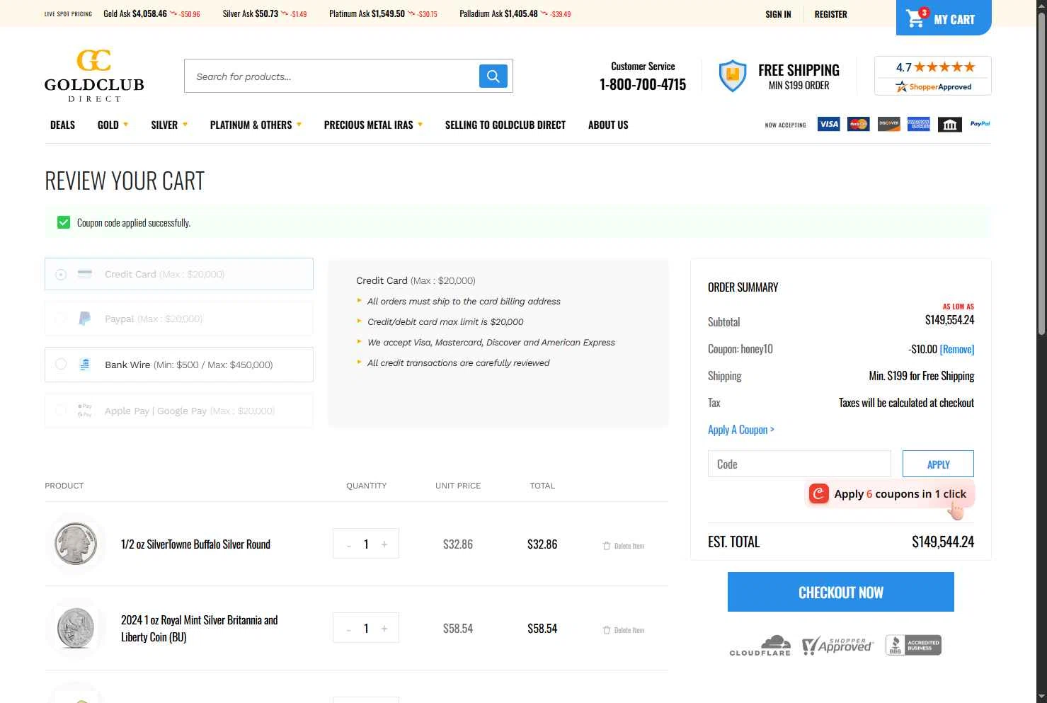 GoldClub Direct checkout page showing GoldClub Direct promo code box | Screenshot taken by SimplyCodes community member on Nov 20, 2025