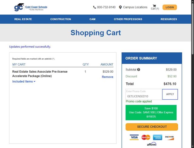 Gold Coast Schools checkout page showing Gold Coast Schools promo code box | Screenshot taken by SimplyCodes community member on Aug 17, 2025