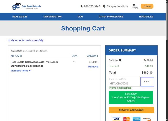 Gold Coast Schools checkout page showing Gold Coast Schools promo code box | Screenshot taken by SimplyCodes community member on Aug 6, 2025