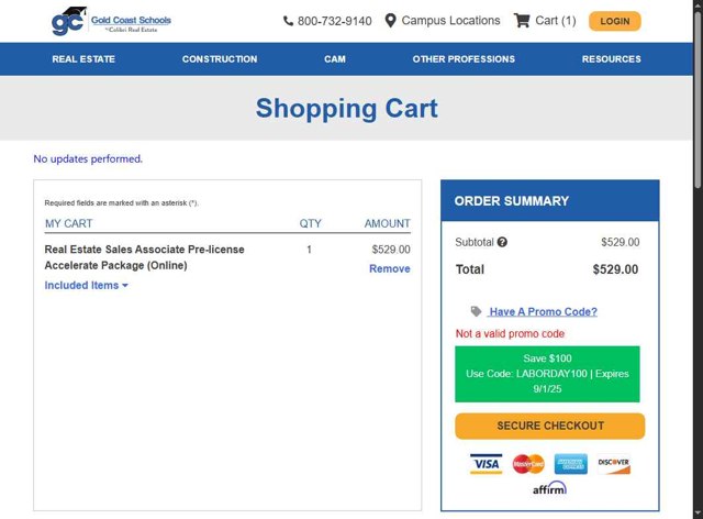 Gold Coast Schools checkout page showing Gold Coast Schools promo code box | Screenshot taken by SimplyCodes community member on Aug 27, 2025