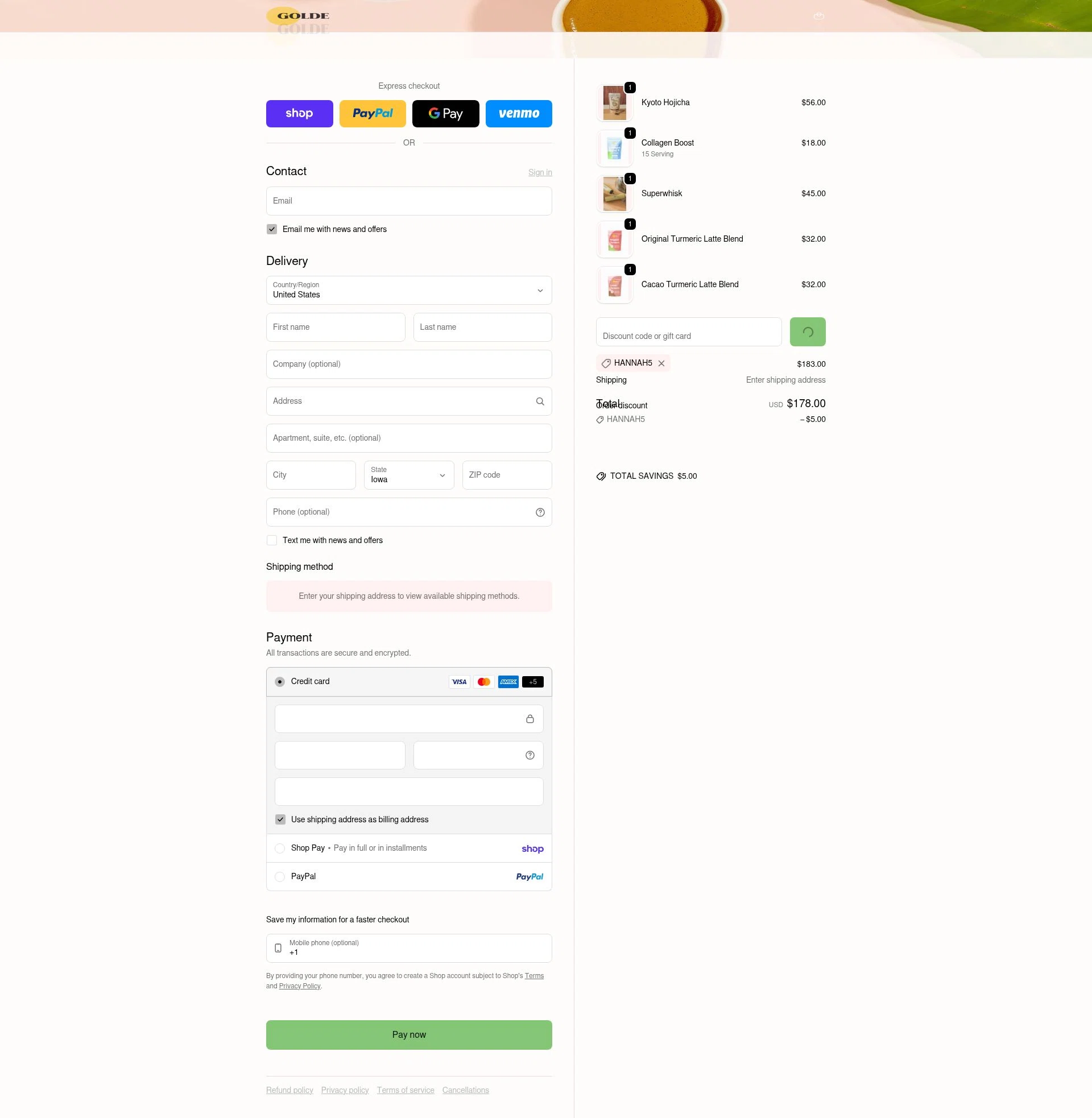 Golde checkout page showing Golde discount code box | Screenshot taken by SimplyCodes community member on Feb 6, 2026