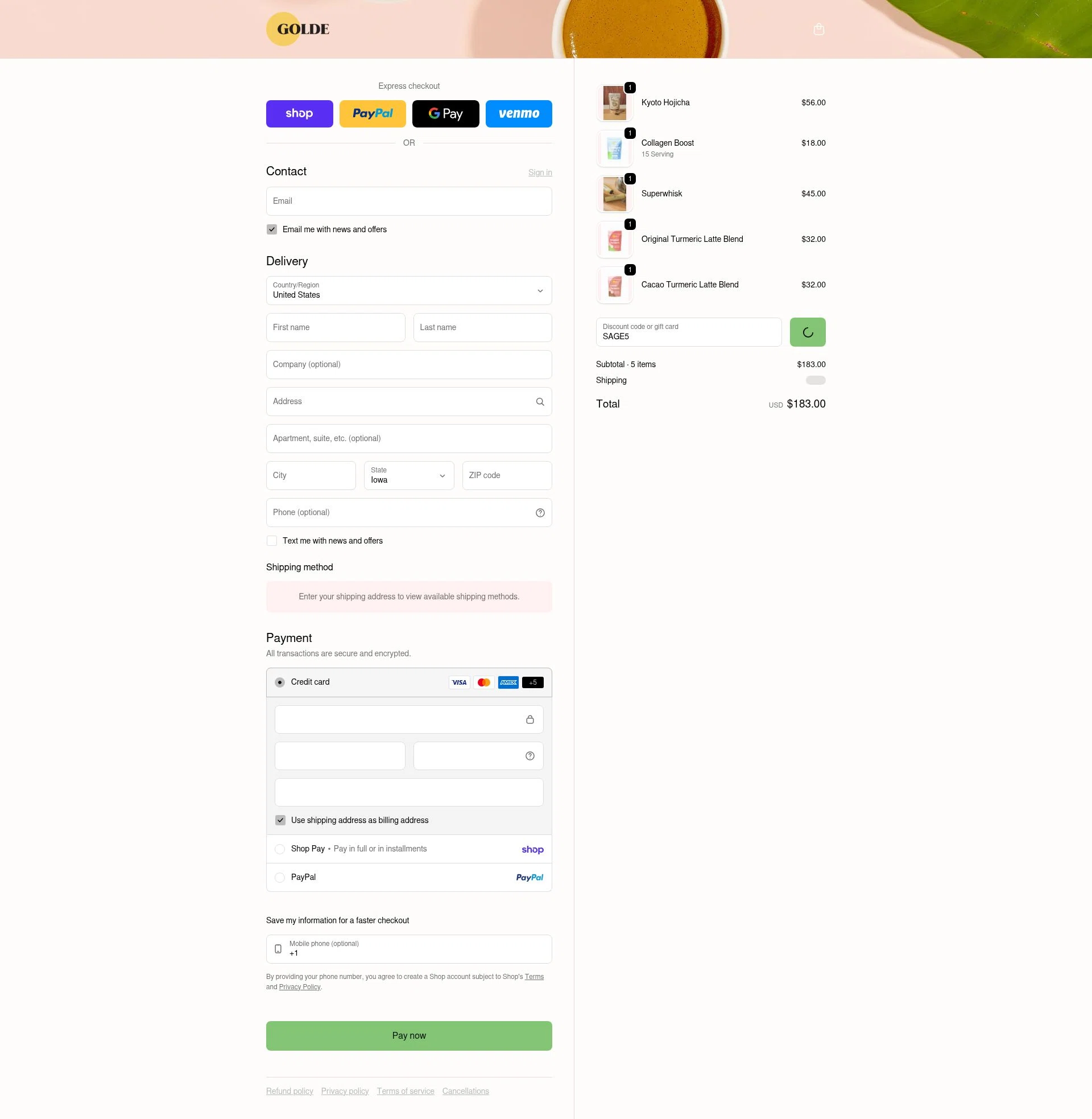Golde checkout page showing Golde discount code box | Screenshot taken by SimplyCodes community member on Feb 6, 2026