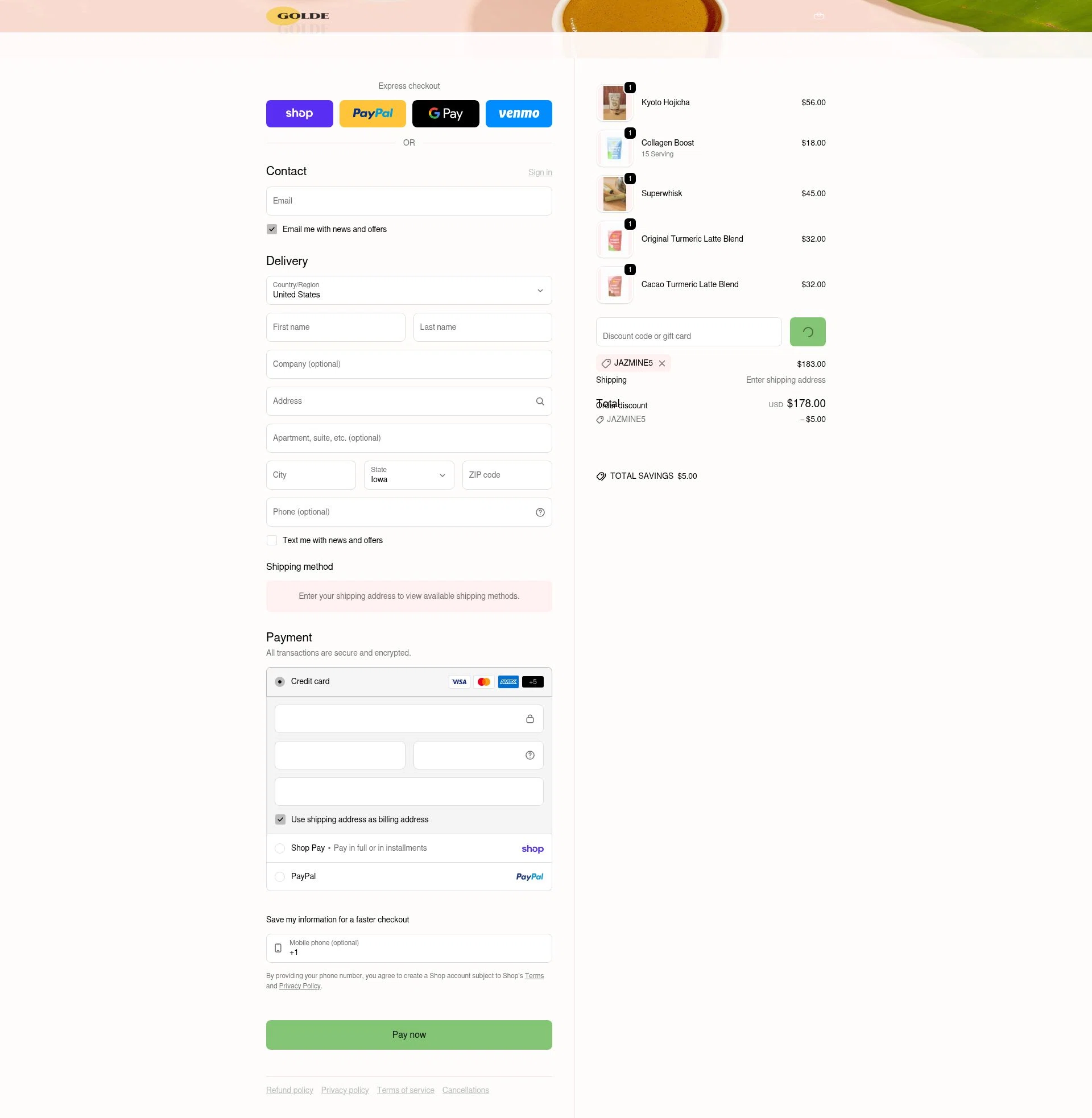 Golde checkout page showing Golde discount code box | Screenshot taken by SimplyCodes community member on Feb 6, 2026