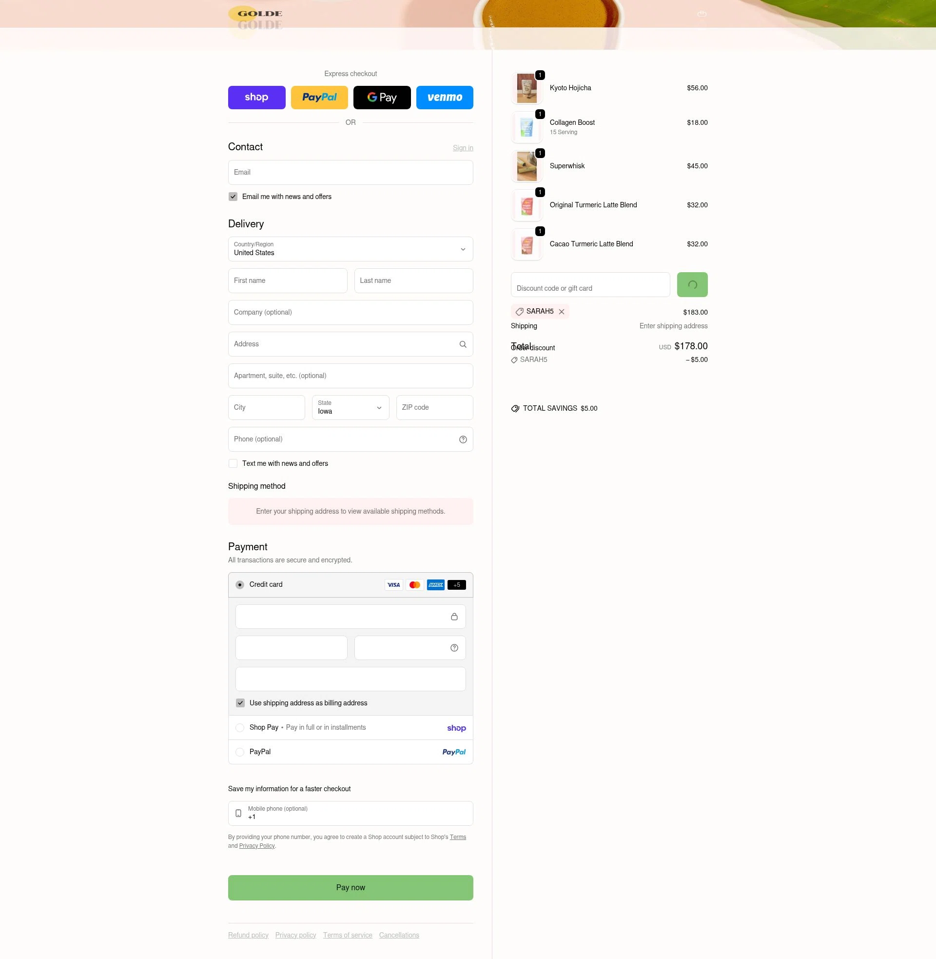 Golde checkout page showing Golde discount code box | Screenshot taken by SimplyCodes community member on Feb 6, 2026