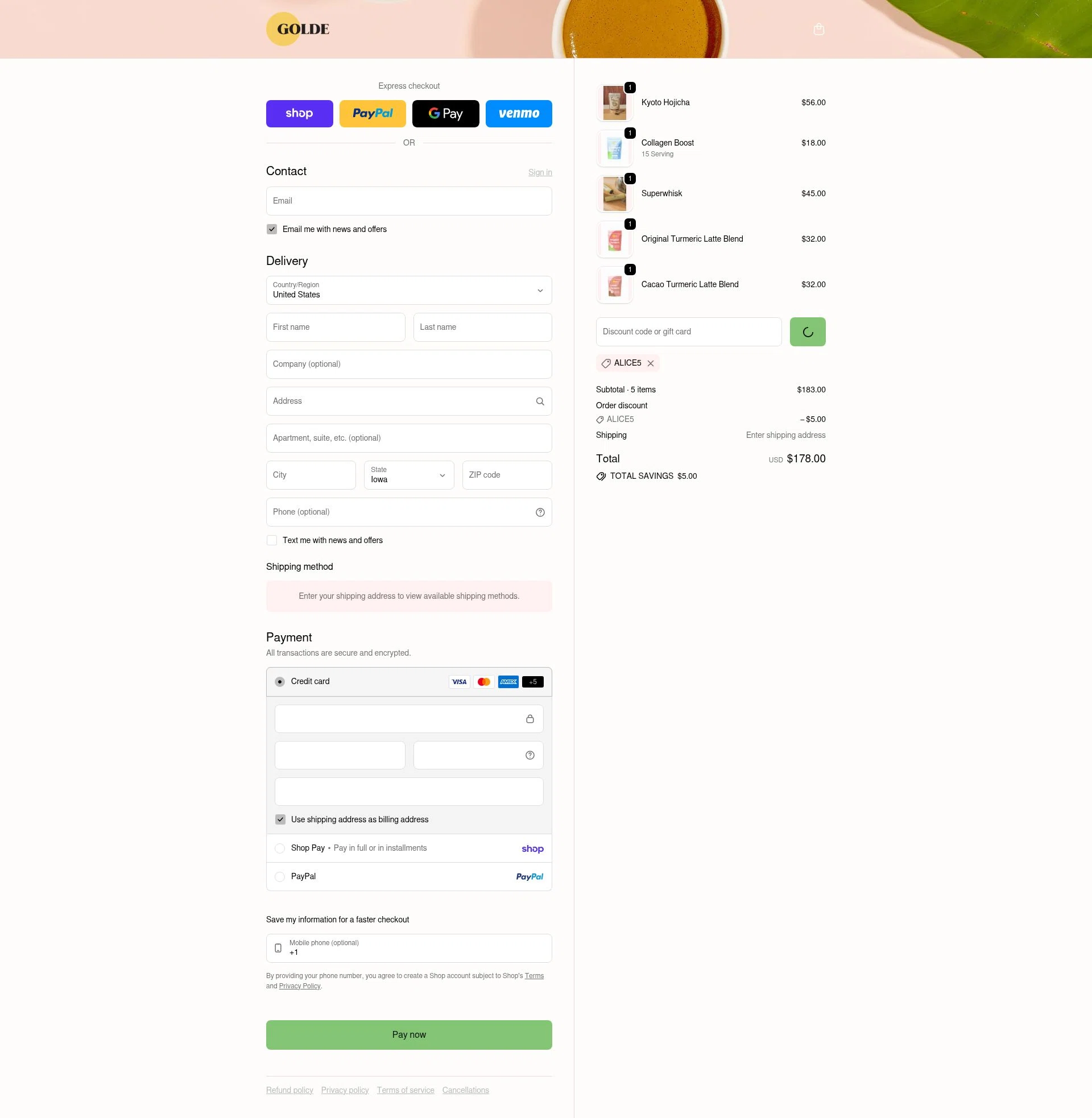 Golde checkout page showing Golde discount code box | Screenshot taken by SimplyCodes community member on Feb 6, 2026