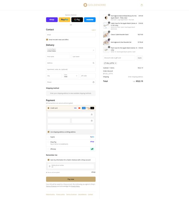 Goldenerre checkout page showing Goldenerre promo code box | Screenshot taken by SimplyCodes community member on Sep 1, 2025
