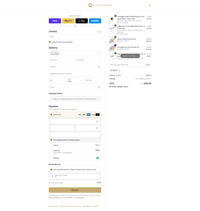 Goldenerre checkout page showing Goldenerre promo code box | Screenshot taken by SimplyCodes community member on Sep 1, 2025