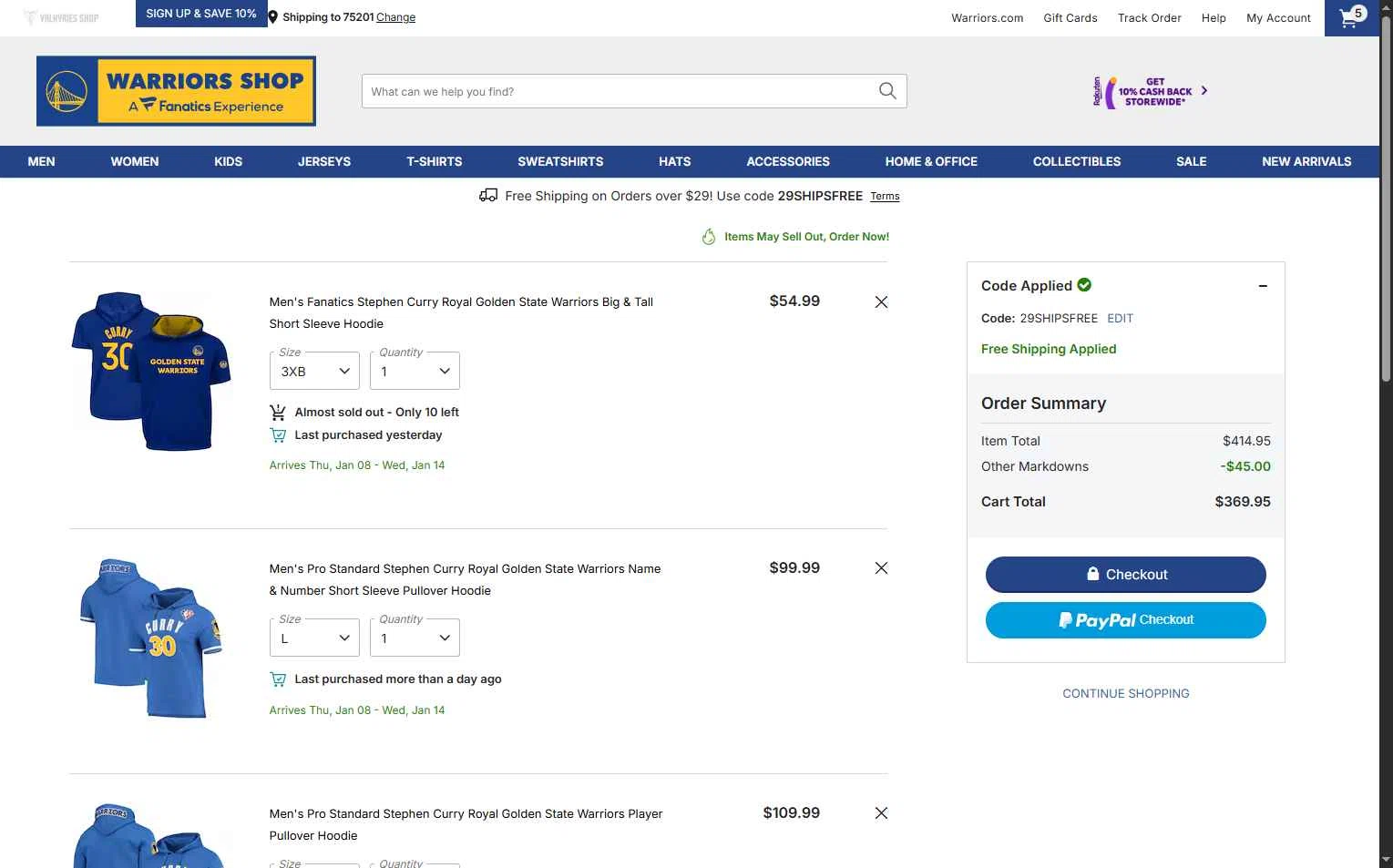 Golden State Warriors Shop checkout page showing Golden State Warriors Shop promo code box | Screenshot taken by SimplyCodes community member on Jan 5, 2026