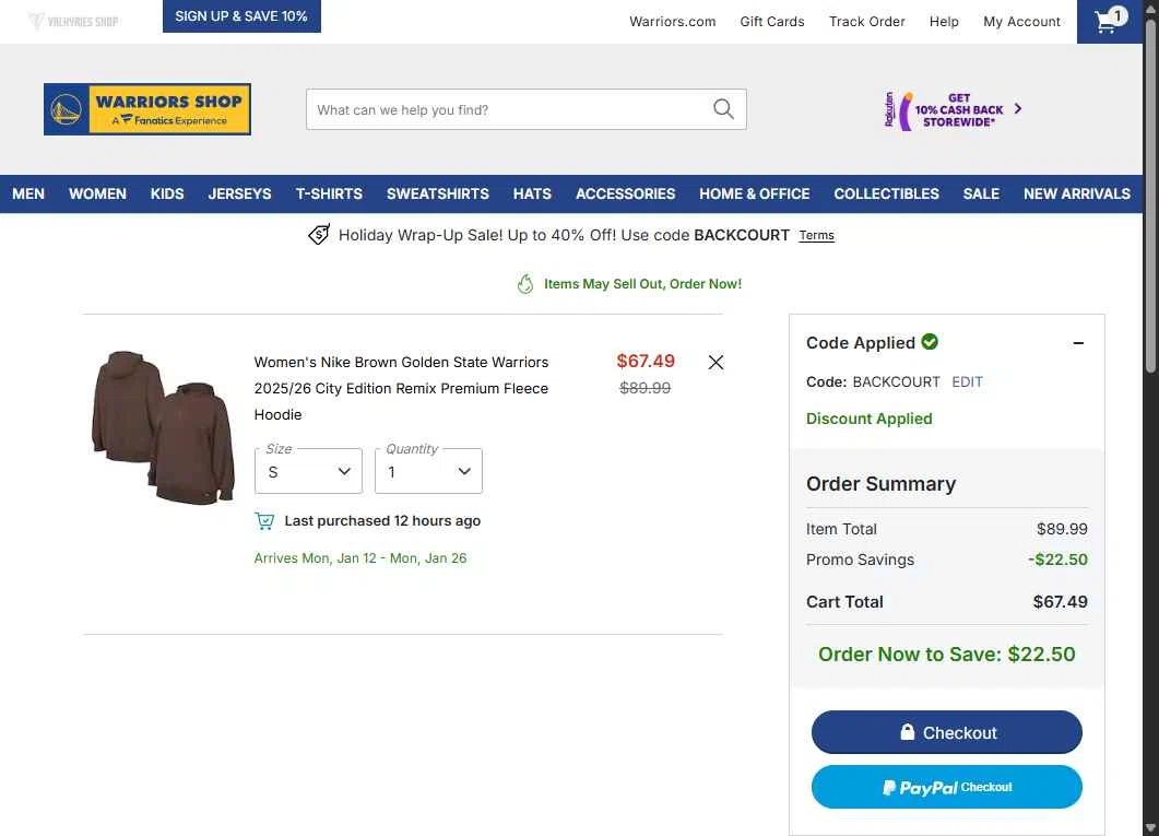 Golden State Warriors Shop checkout page showing Golden State Warriors Shop promo code box | Screenshot taken by SimplyCodes community member on Dec 23, 2025
