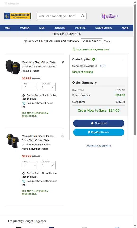 Golden State Warriors Shop checkout page showing Golden State Warriors Shop promo code box | Screenshot taken by SimplyCodes community member on Dec 8, 2025