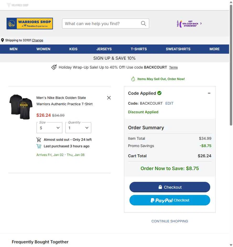 Golden State Warriors Shop checkout page showing Golden State Warriors Shop promo code box | Screenshot taken by SimplyCodes community member on Dec 29, 2025