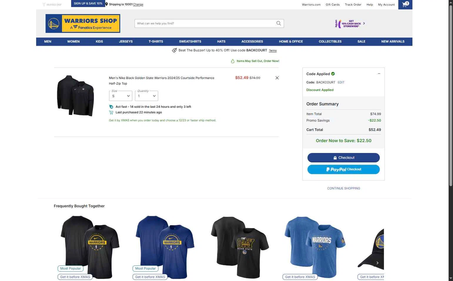Golden State Warriors Shop checkout page showing Golden State Warriors Shop promo code box | Screenshot taken by SimplyCodes community member on Dec 17, 2025