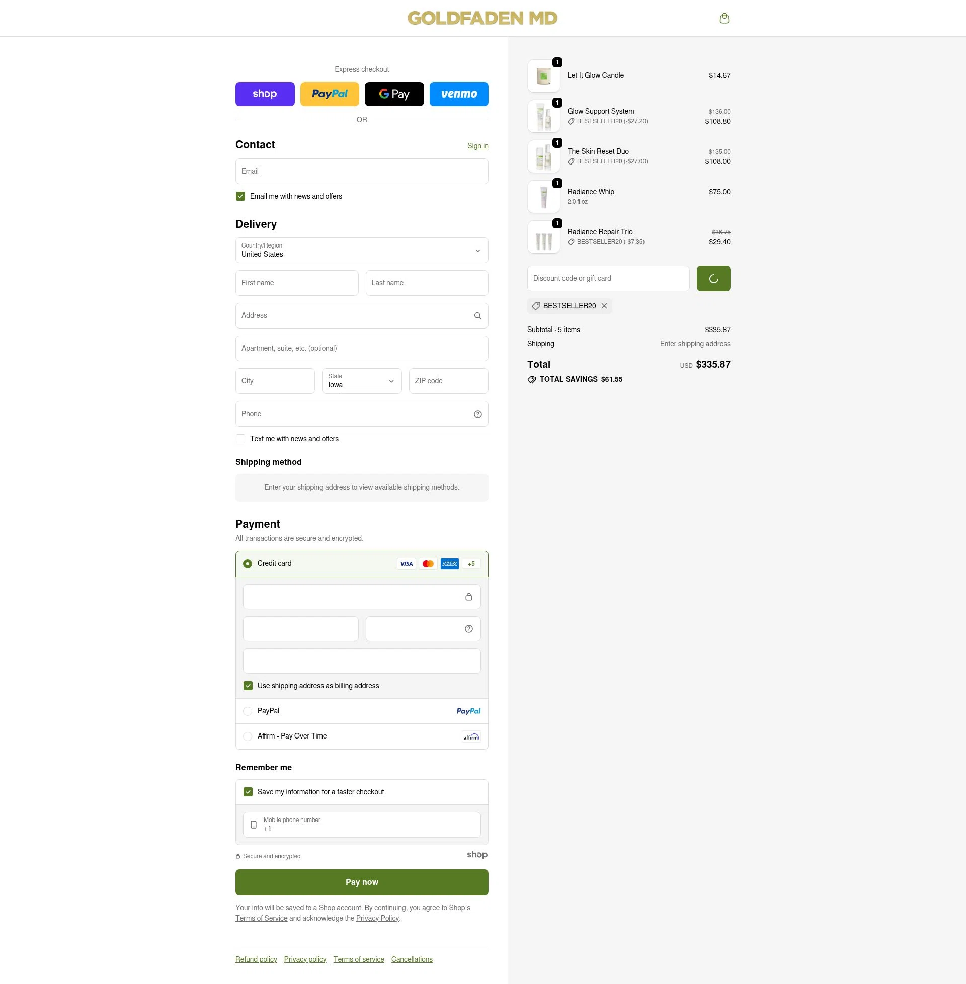 Goldfaden checkout page showing Goldfaden promo code box | Screenshot taken by SimplyCodes community member on Dec 29, 2025