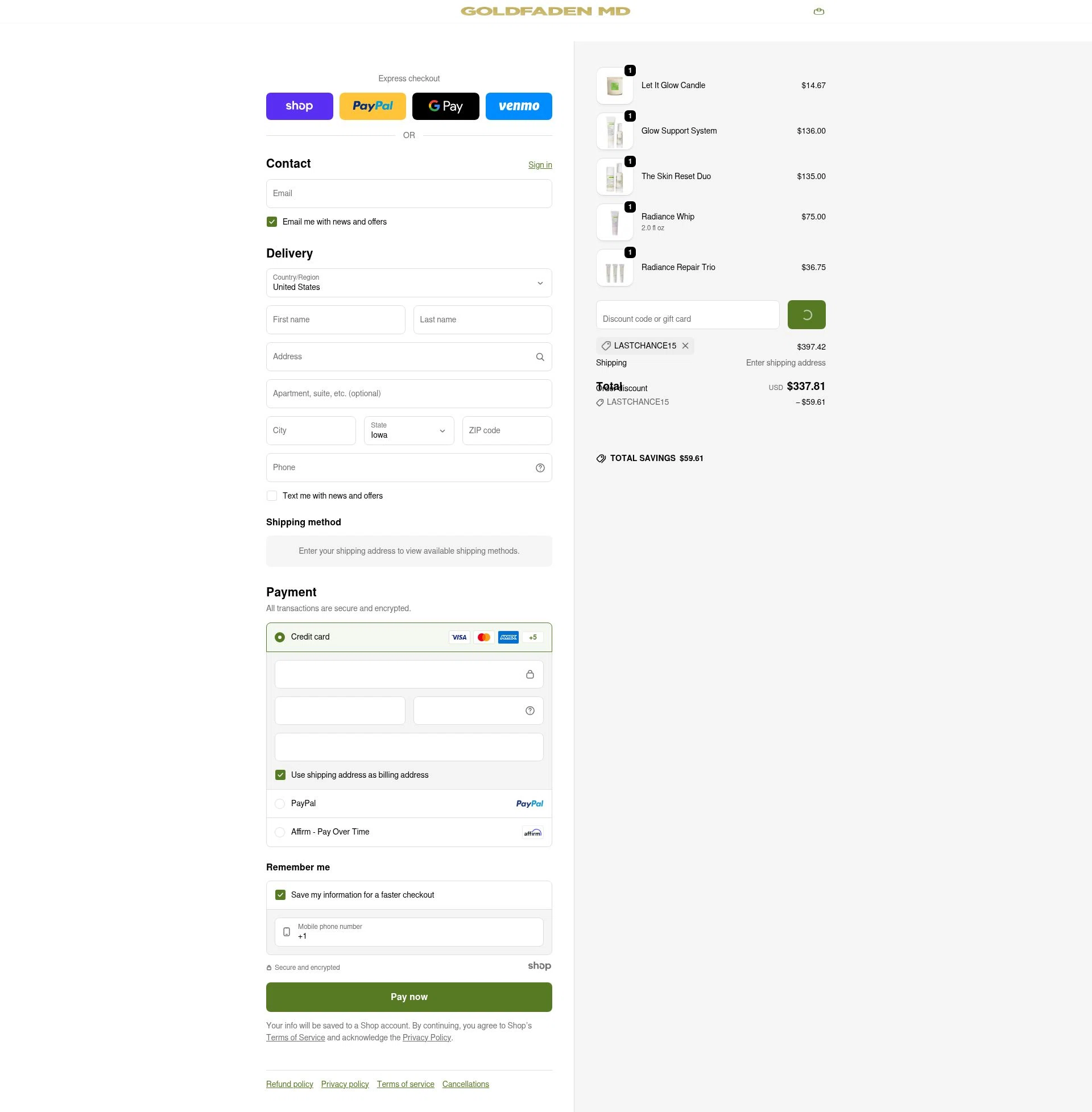 Goldfaden checkout page showing Goldfaden promo code box | Screenshot taken by SimplyCodes community member on Dec 29, 2025