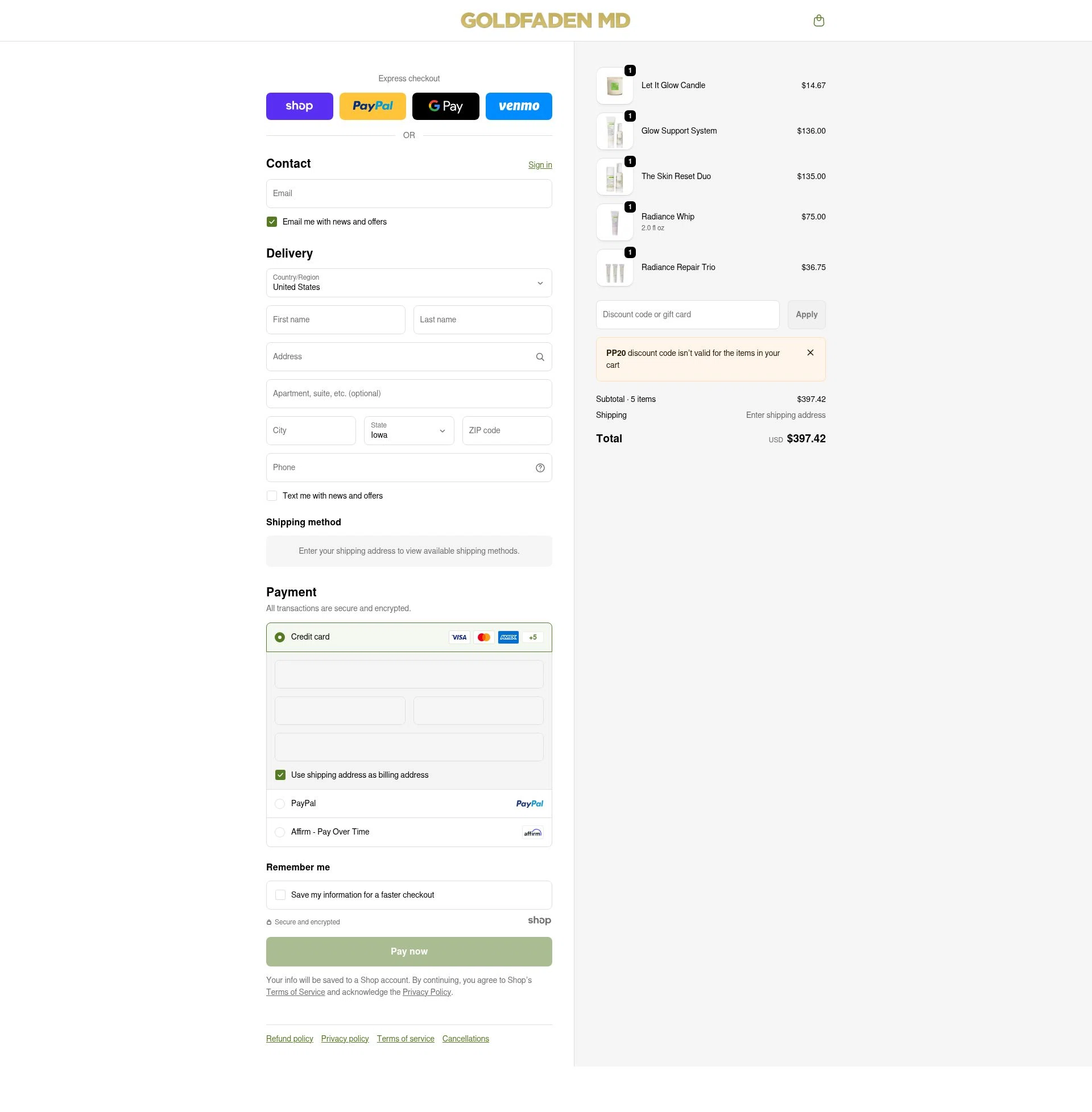 Goldfaden checkout page showing Goldfaden promo code box | Screenshot taken by SimplyCodes community member on Dec 29, 2025