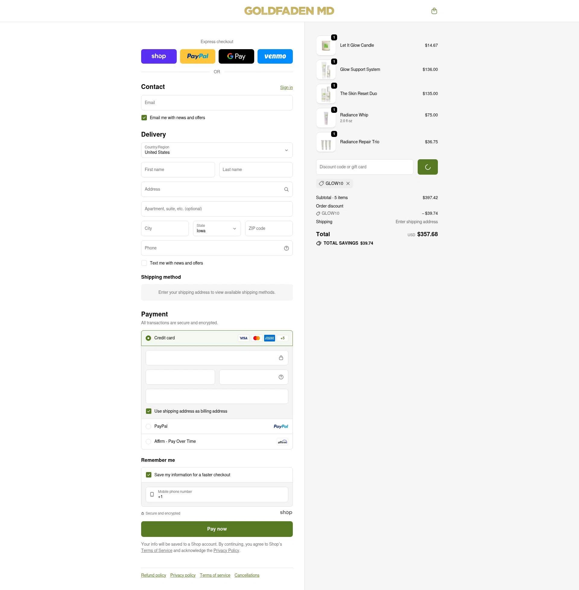 Goldfaden checkout page showing Goldfaden promo code box | Screenshot taken by SimplyCodes community member on Dec 29, 2025