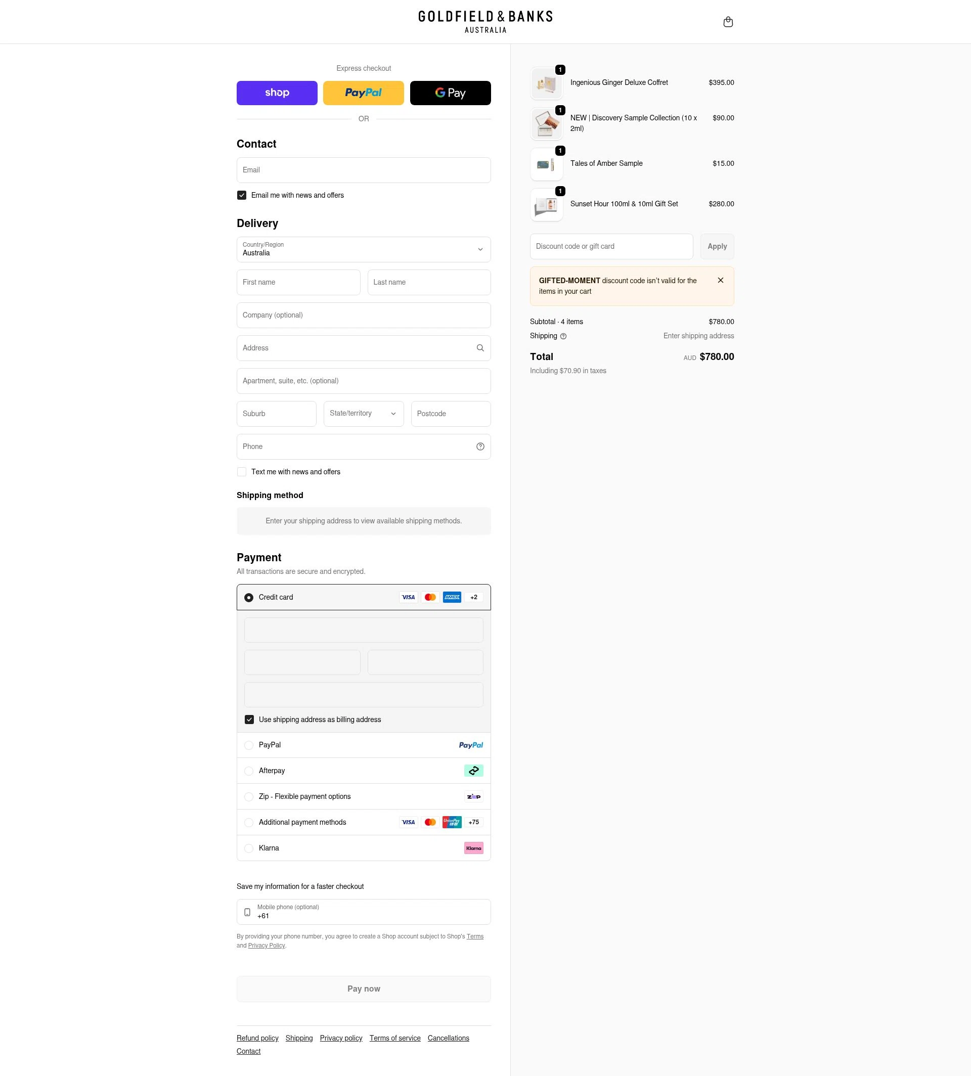 Goldfield & Banks checkout page showing Goldfield & Banks promo code box | Screenshot taken by SimplyCodes community member on Feb 22, 2026