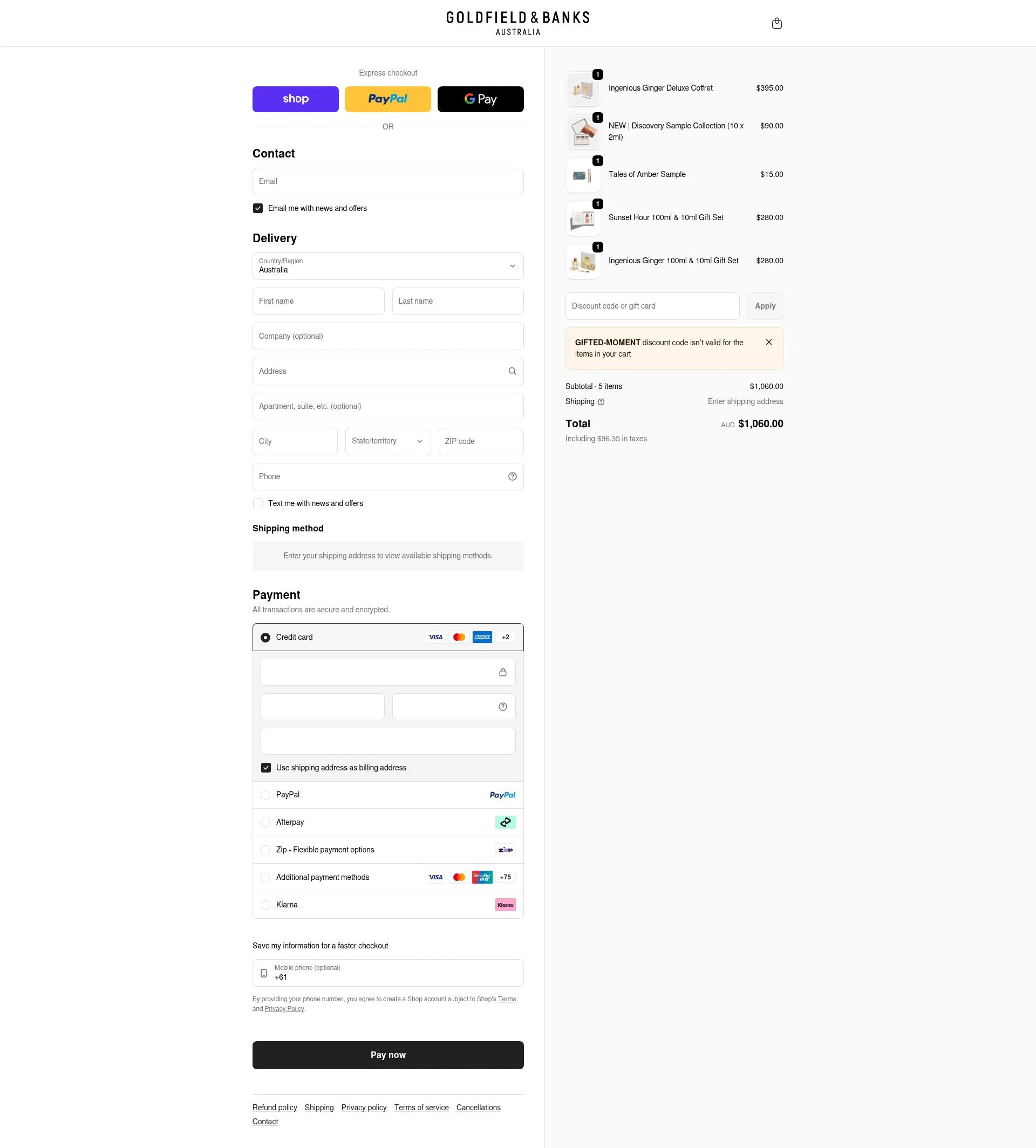 Goldfield & Banks checkout page showing Goldfield & Banks promo code box | Screenshot taken by SimplyCodes community member on Feb 4, 2026