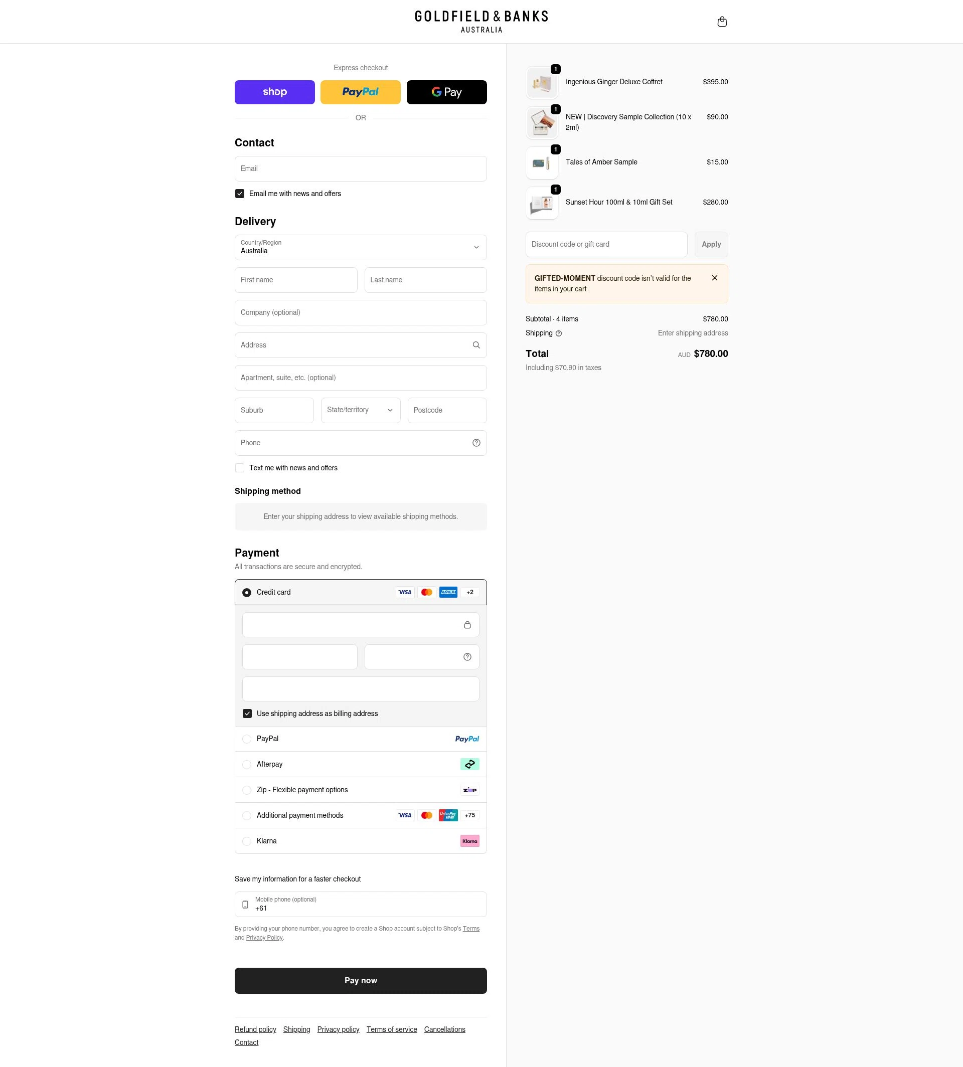 Goldfield & Banks checkout page showing Goldfield & Banks promo code box | Screenshot taken by SimplyCodes community member on Feb 23, 2026
