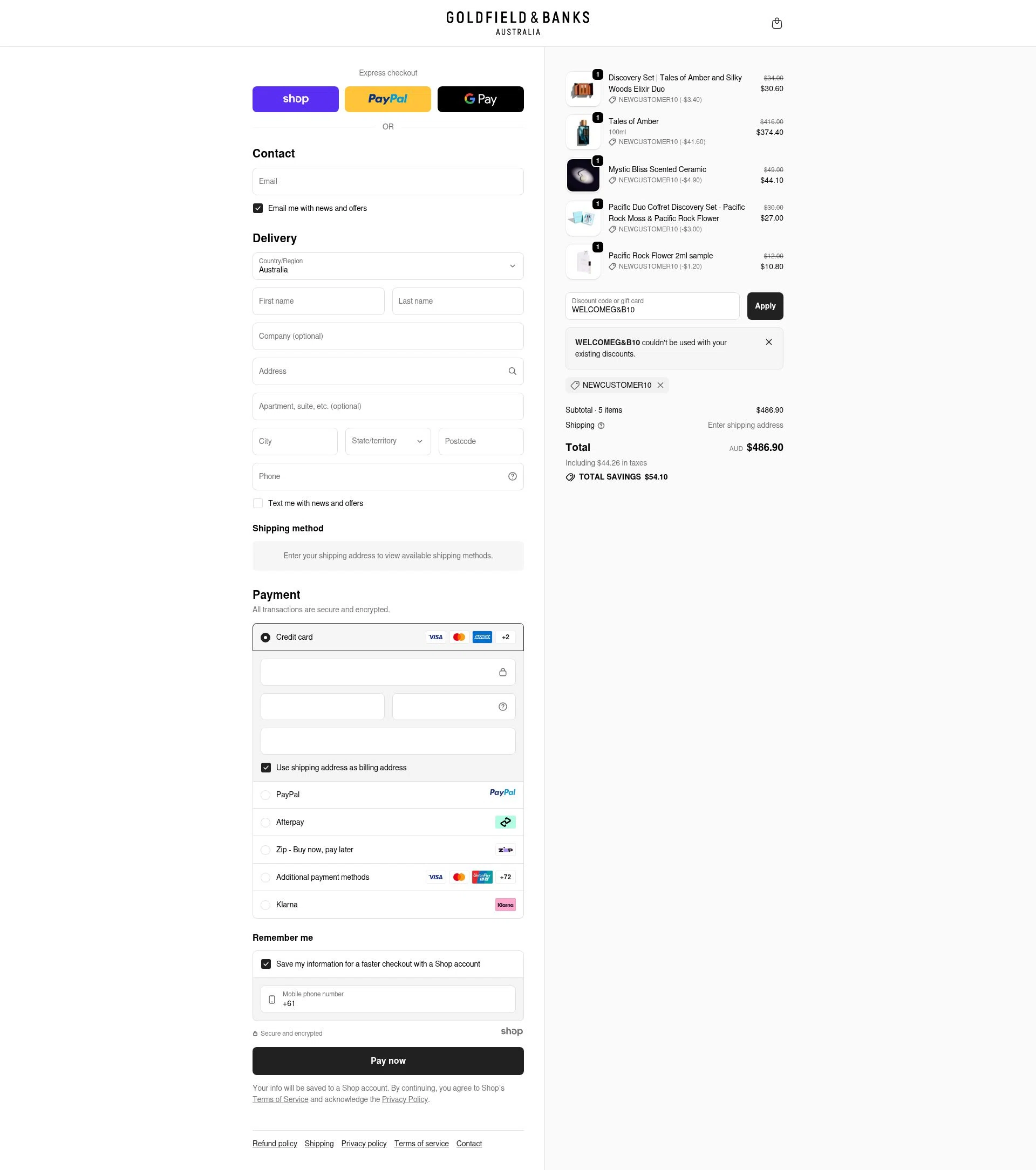 Goldfield & Banks checkout page showing Goldfield & Banks promo code box | Screenshot taken by SimplyCodes community member on Oct 6, 2025