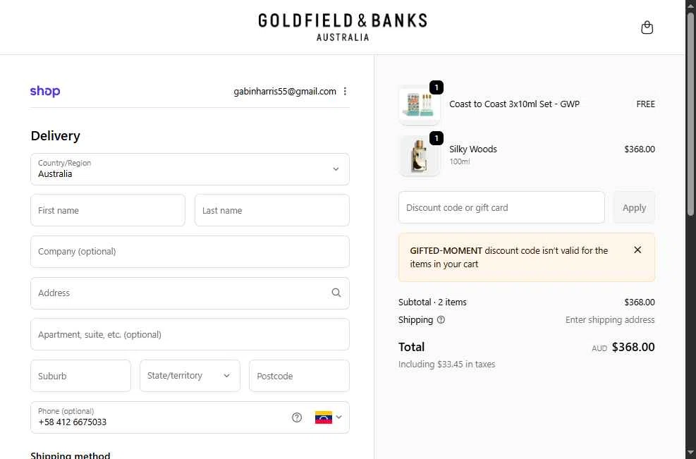 Goldfield & Banks checkout page showing Goldfield & Banks promo code box | Screenshot taken by SimplyCodes community member on Feb 17, 2026