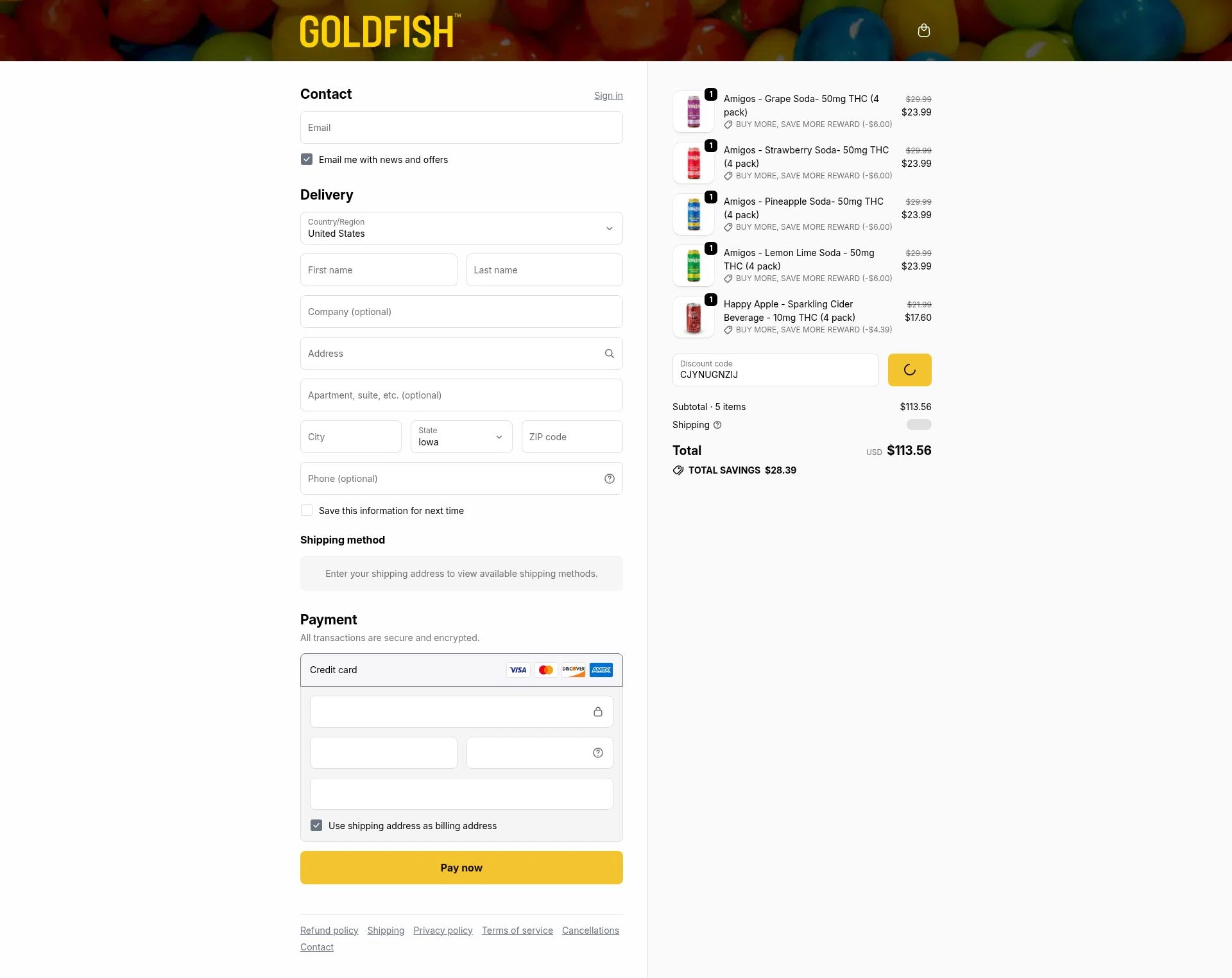 Goldfish checkout page showing Goldfish promo code box | Screenshot taken by SimplyCodes community member on Jan 5, 2026
