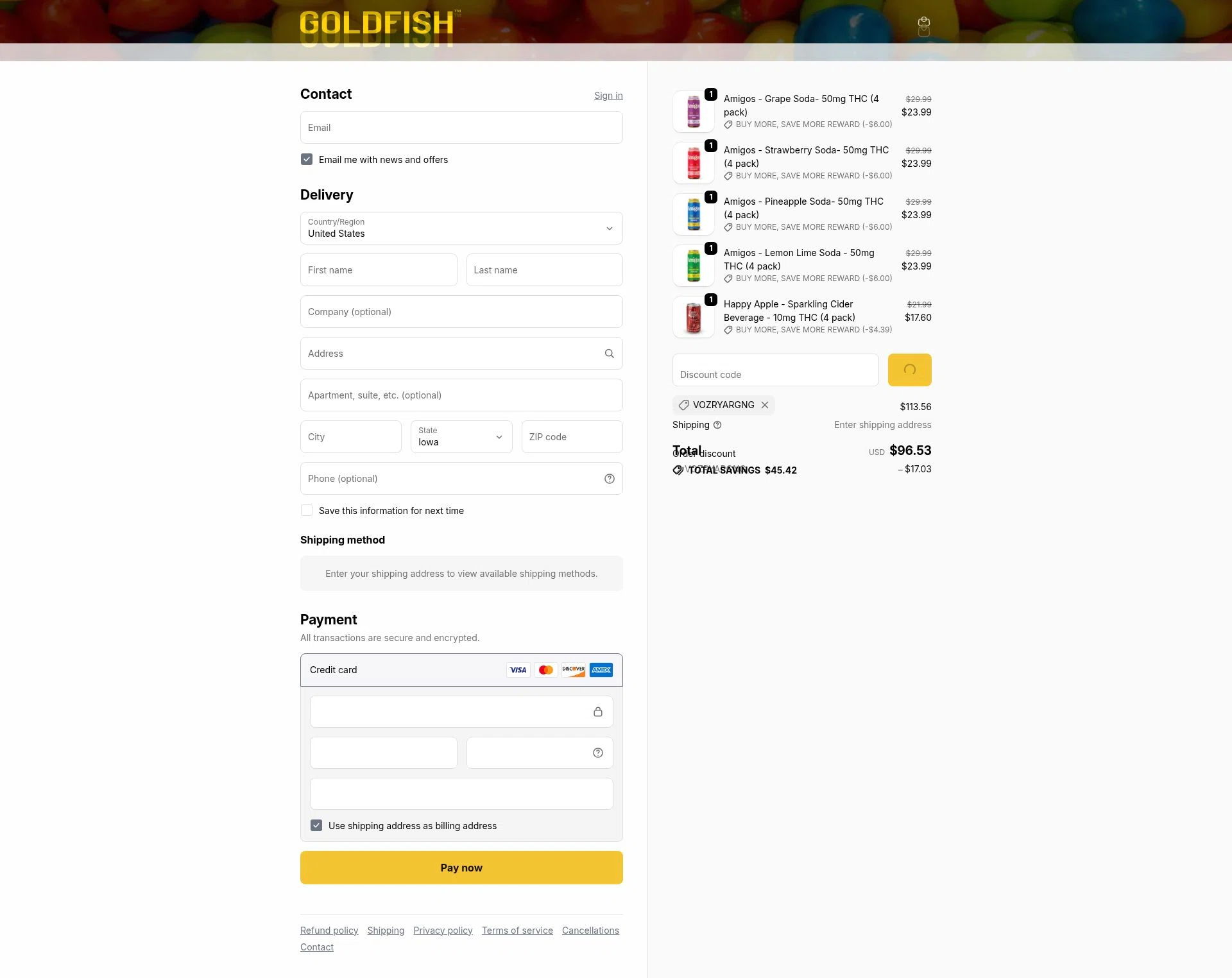 Goldfish checkout page showing Goldfish promo code box | Screenshot taken by SimplyCodes community member on Jan 5, 2026