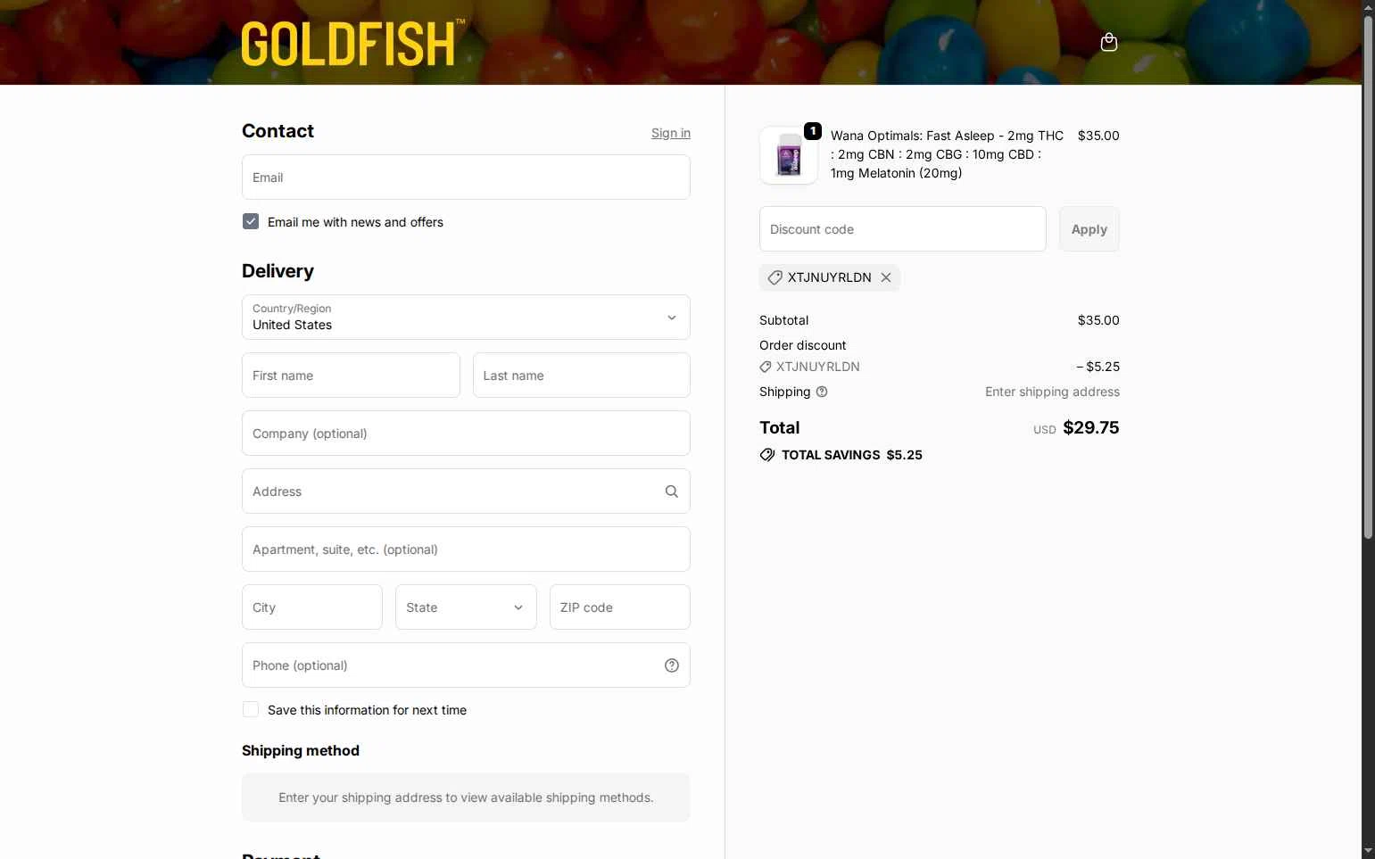 Goldfish checkout page showing Goldfish promo code box | Screenshot taken by SimplyCodes community member on Jan 5, 2026