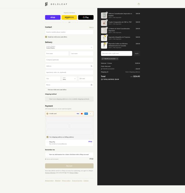 Gold Leaf checkout page showing Gold Leaf promo code box | Screenshot taken by SimplyCodes community member on Sep 16, 2025