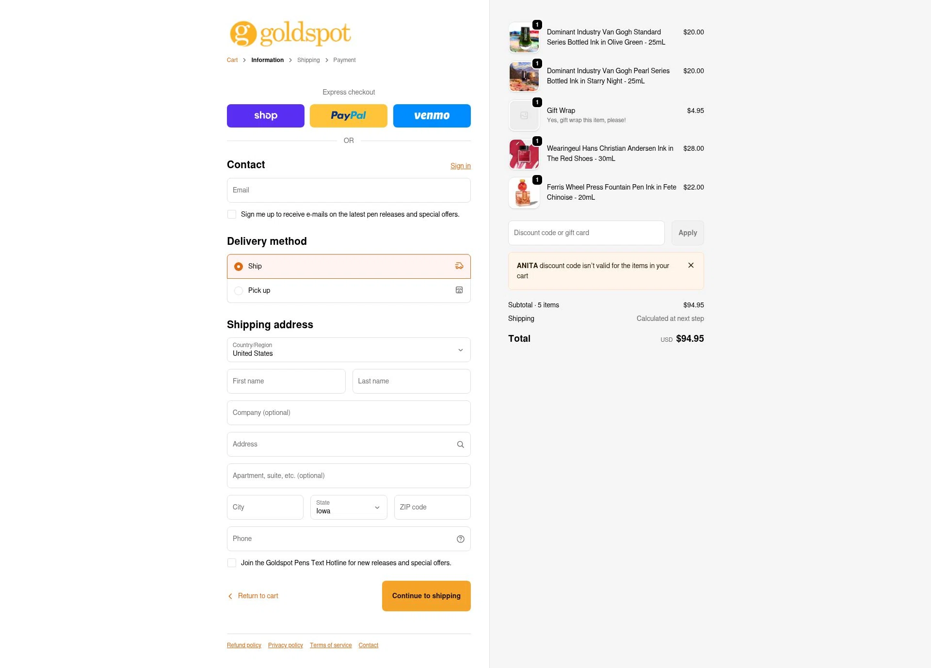 Goldspot Pens checkout page showing Goldspot Pens discount code box | Screenshot taken by SimplyCodes community member on Feb 7, 2026