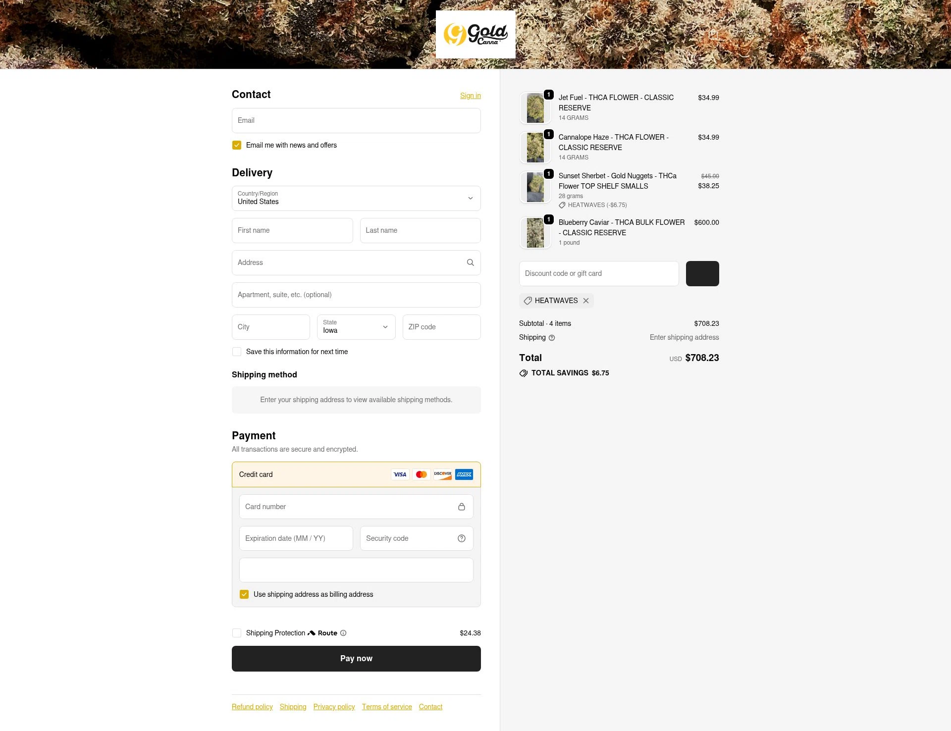 Gold Standard CBD checkout page showing Gold Standard CBD discount code box | Screenshot taken by SimplyCodes community member on Feb 13, 2026
