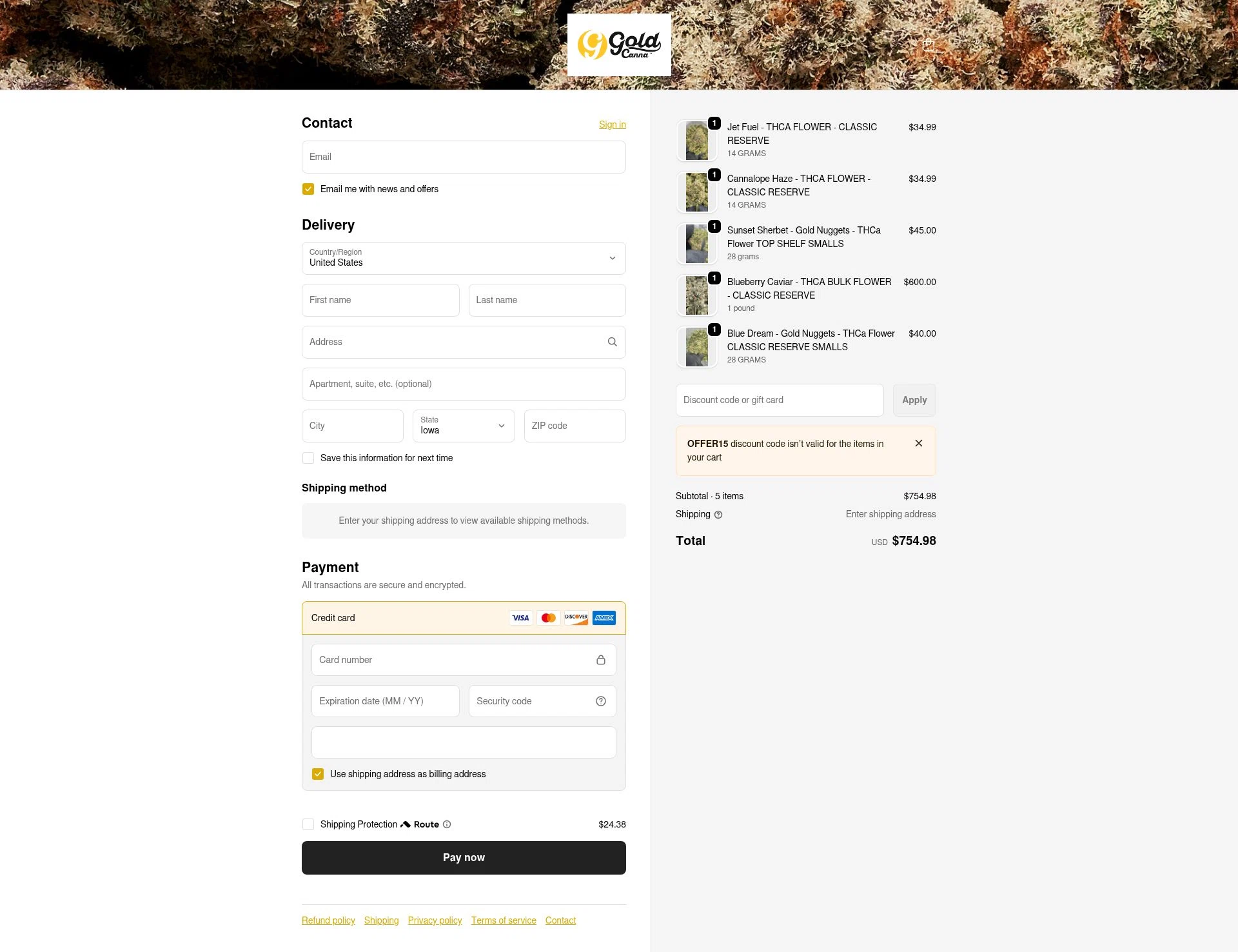 Gold Standard CBD checkout page showing Gold Standard CBD discount code box | Screenshot taken by SimplyCodes community member on Feb 8, 2026