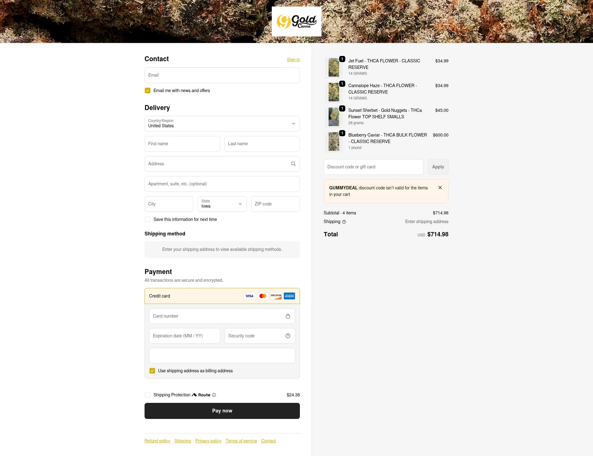 Gold Standard CBD checkout page showing Gold Standard CBD discount code box | Screenshot taken by SimplyCodes community member on Feb 13, 2026