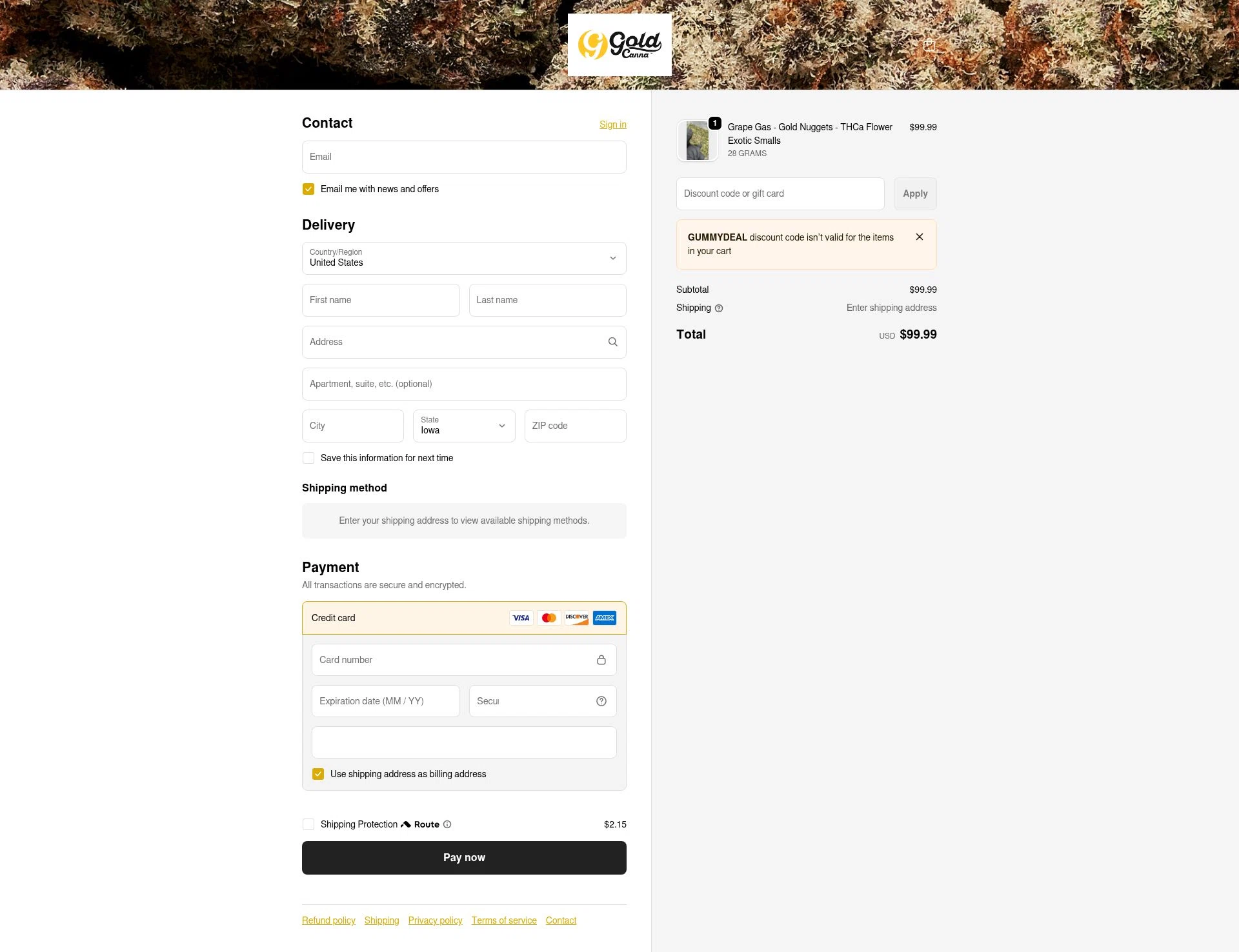 Gold Standard CBD checkout page showing Gold Standard CBD discount code box | Screenshot taken by SimplyCodes community member on Feb 4, 2026