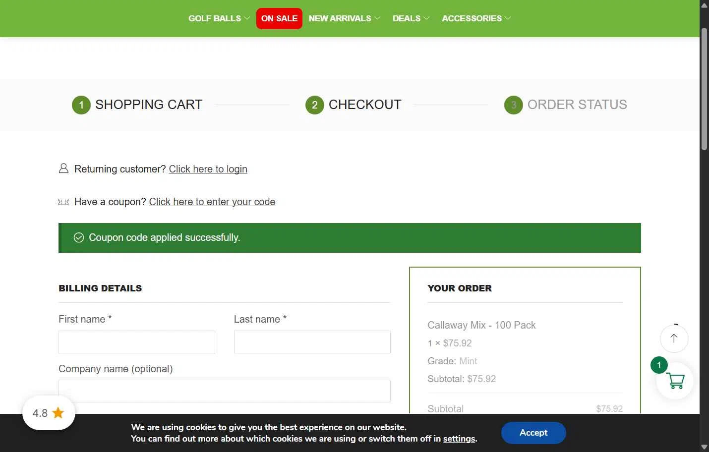 Golf Ball Planet checkout page showing Golf Ball Planet coupon code box | Screenshot taken by SimplyCodes community member on Dec 26, 2025