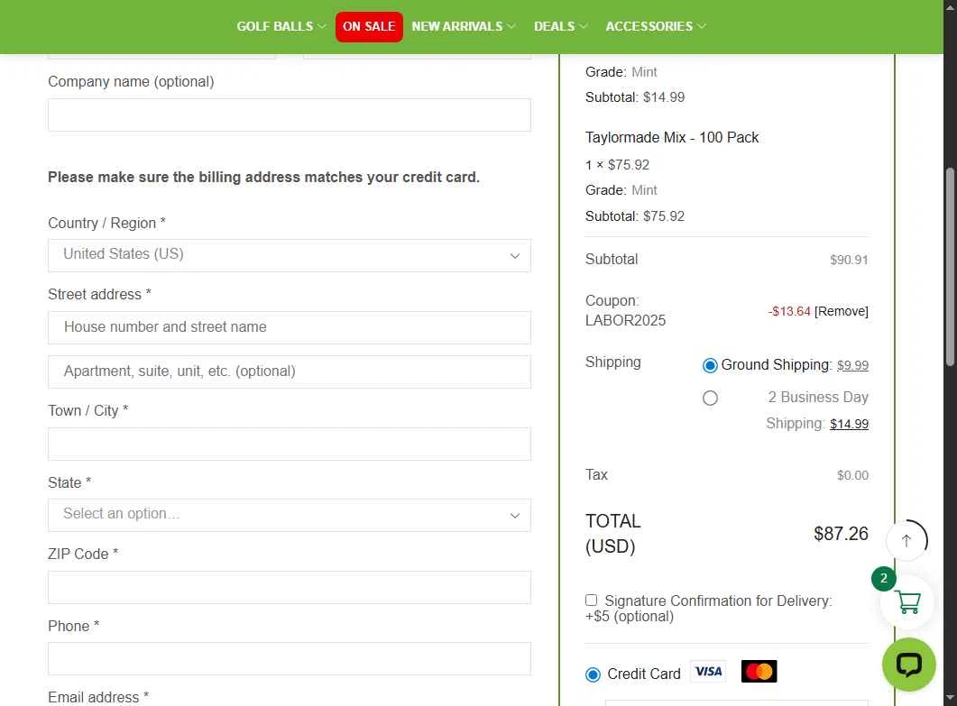 Golf Ball Planet checkout page showing Golf Ball Planet coupon code box | Screenshot taken by SimplyCodes community member on Aug 26, 2025