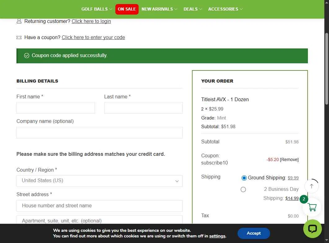 Golf Ball Planet checkout page showing Golf Ball Planet coupon code box | Screenshot taken by SimplyCodes community member on Aug 16, 2025