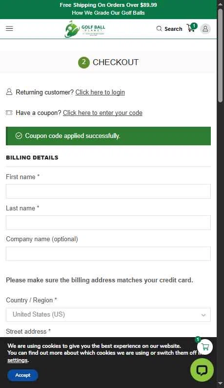 Golf Ball Planet checkout page showing Golf Ball Planet coupon code box | Screenshot taken by SimplyCodes community member on Sep 14, 2025