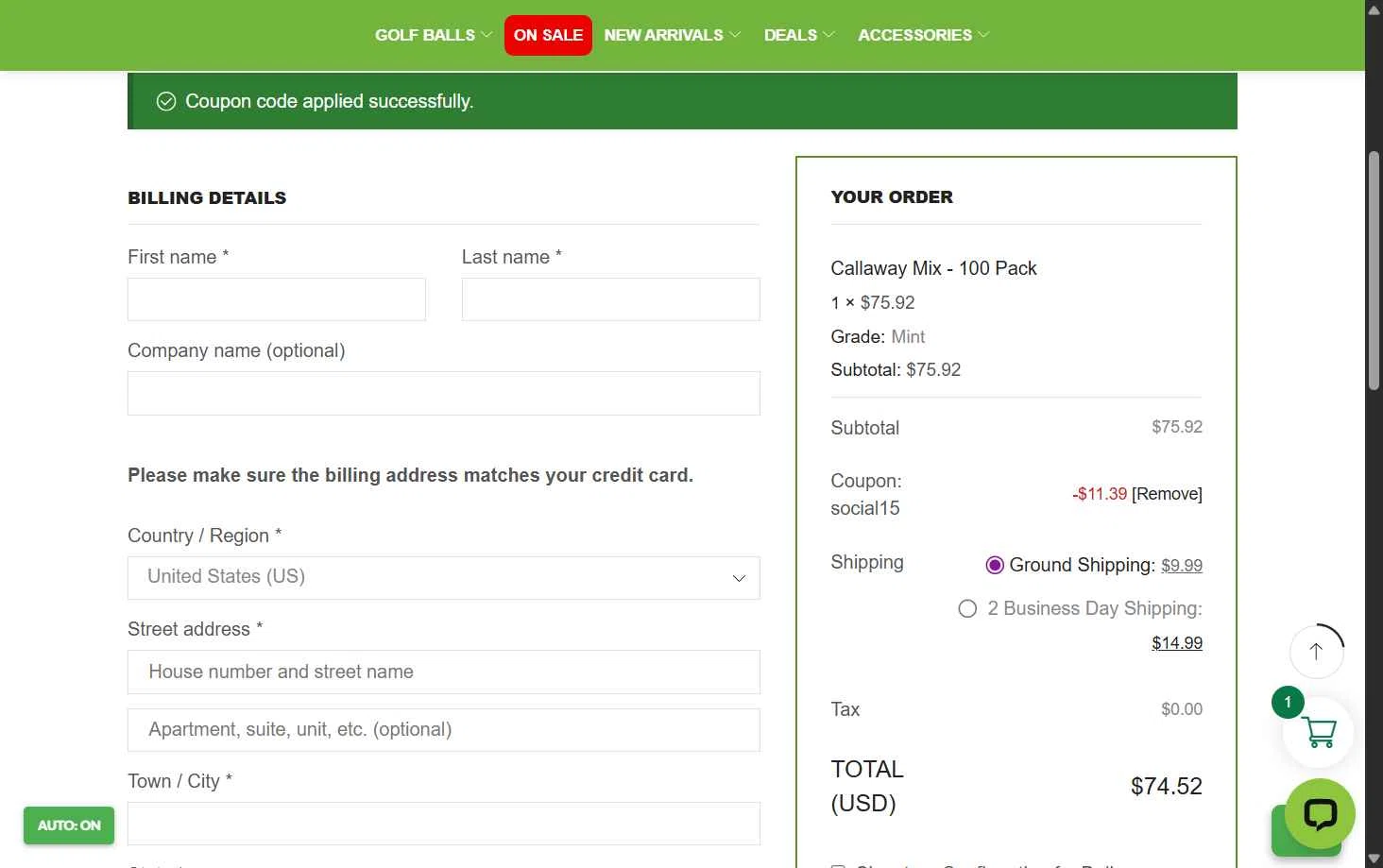 Golf Ball Planet checkout page showing Golf Ball Planet coupon code box | Screenshot taken by SimplyCodes community member on Nov 5, 2025