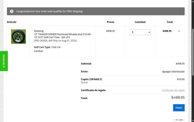 Golf Cart Tire Supply checkout page showing Golf Cart Tire Supply promo code box | Screenshot taken by SimplyCodes community member on Jul 16, 2025