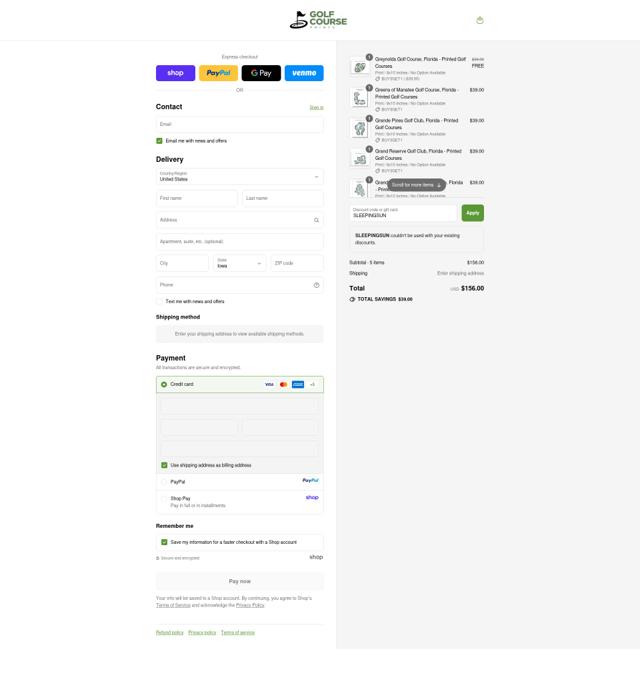 Golf Course Prints checkout page showing Golf Course Prints discount code box | Screenshot taken by SimplyCodes community member on Sep 16, 2025