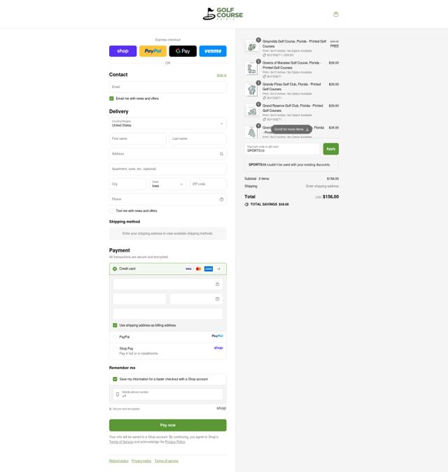 Golf Course Prints checkout page showing Golf Course Prints discount code box | Screenshot taken by SimplyCodes community member on Sep 16, 2025