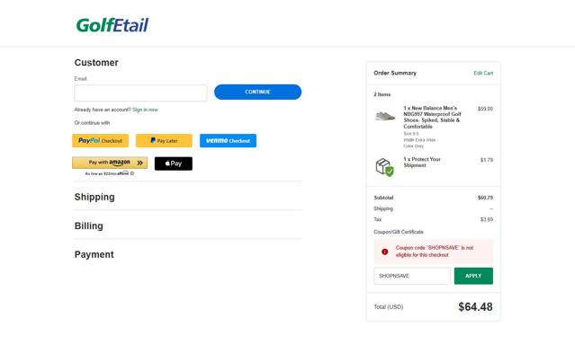 GolfEtail.com checkout page showing GolfEtail.com promo code box | Screenshot taken by SimplyCodes community member on Sep 13, 2025